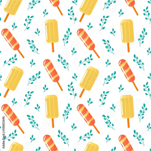 Seamless pattern with delicious colored ice cream on a stick and tropical leaves. A juicy summer element for the design. Vector image on a white isolated background