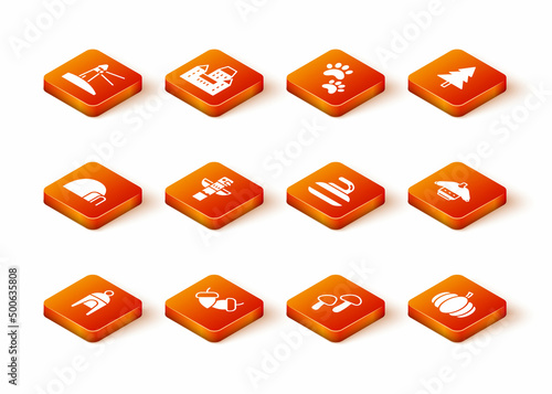 Set Winter hat, Acorn, Igloo ice house, Canadian totem pole, Mushroom, Stone for curling, Pumpkin and Christmas sweater icon. Vector
