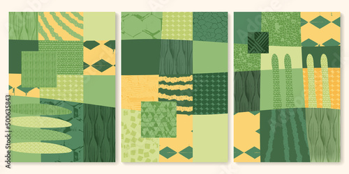 Vineyard grape abstract field winery agriculture vector illustration. Eco green retro background with texture. Farm aerial view poster, geometric map, simple garden landscape, organic rice plantation