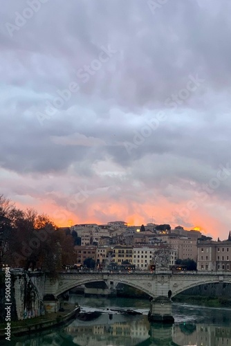 Beautiful views of the hills of Rome from the banks of the Tiber River on a beatiful sunset