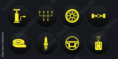 Set Scotch tape, Chassis car, Car spark plug, Steering wheel, Gear shifter, key with remote and air pump icon. Vector