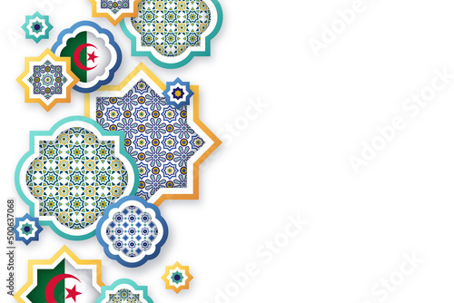 Algerian flags in the middle of different mosaic shapes with free text space in the right