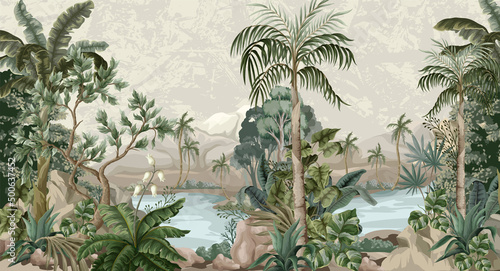 Wallpaper Mural Jungle landscape with river and palms. Interior print mural. Torontodigital.ca