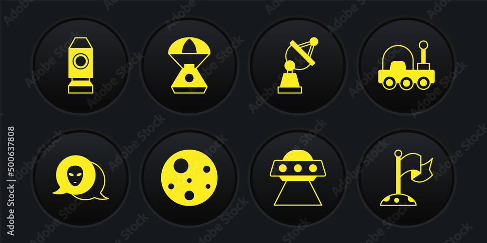 Set Alien, Mars rover, Planet, UFO flying spaceship, Satellite dish, Space capsule, Moon with flag and Rocket icon. Vector Set Alien, Mars rover, Planet, UFO flying spaceship, Satellite dish, Space capsule, Moon with flag and Rocket icon. Vector