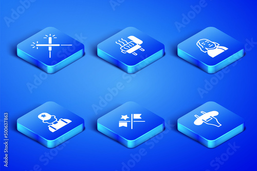 Set Sausage on the fork, Sparkler firework, American flag, Sheriff cowboy, Barbecue grill and Benjamin Franklin icon. Vector
