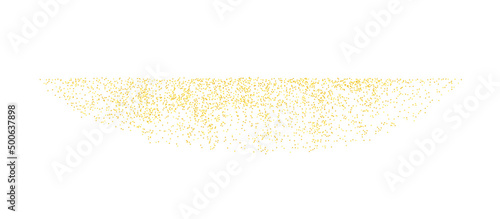 Lining golden texture with crumbs. Background sprinkled gold dust on white background. Sand particles grain or sand. Backdrop golden path for design illustration. Vector