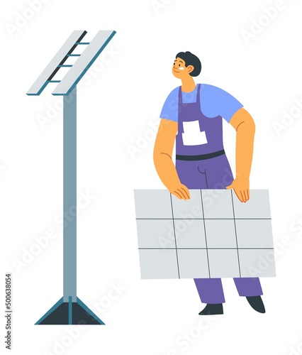 Man installing solar panels, sustainable energy