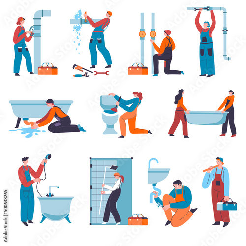 Plumber fixing sink, bathtub and leaking pipes