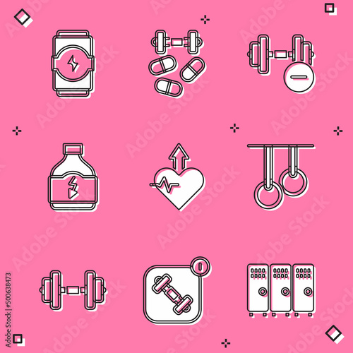 Set Energy drink, Sports doping with dumbbell, Dumbbell, nutrition, Heartbeat increase, Gymnastic rings, and Fitness app icon. Vector