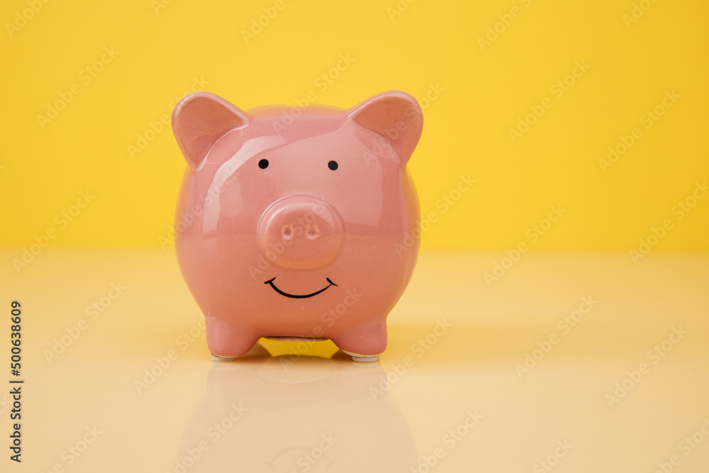 Investmenst and saving money concept. Piggy bank on yellow background close-up