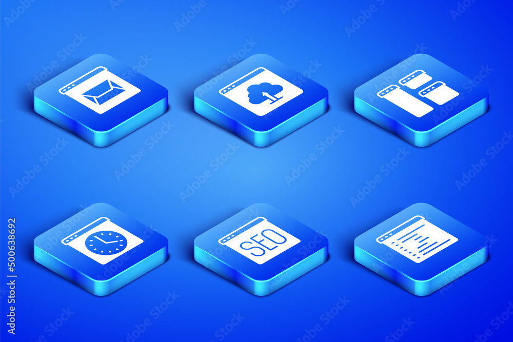 Set Browser window, Website and mail, SEO optimization, Cloud upload and icon. Vector Set Browser window, Website and mail, SEO optimization, Cloud upload and icon. Vector