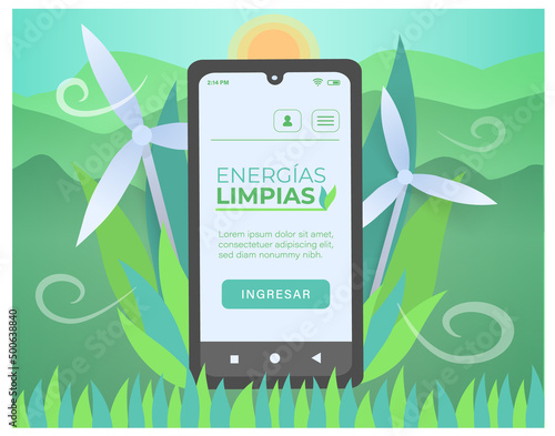 Plantilla temática de energías limpias. Energía eólica, aerogeneradores o molinos de viento. Teléfono inteligente con landing page.
