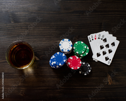 Top view of a poker game and cards