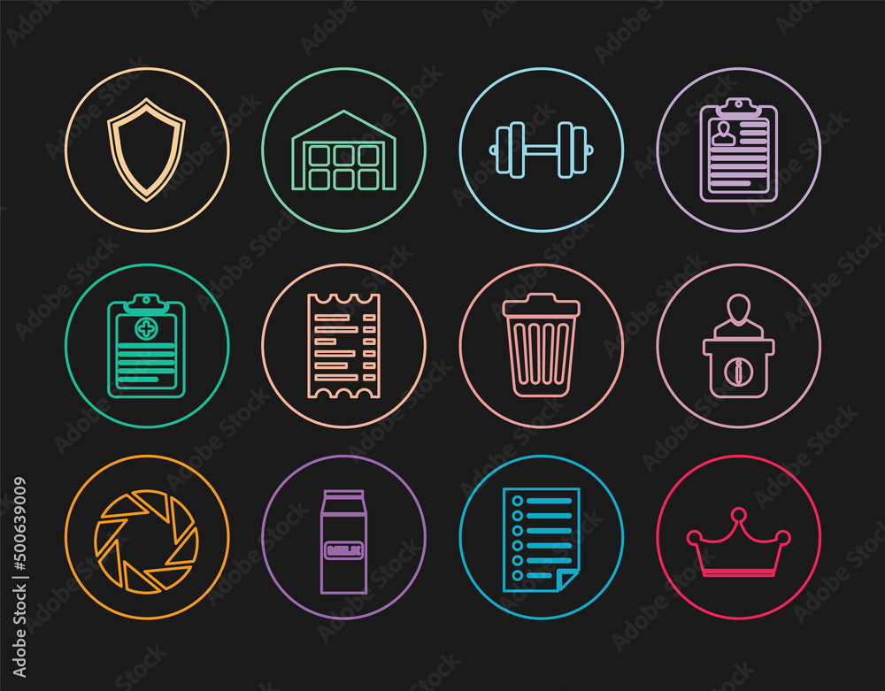 Set line Crown, Information desk, Dumbbell, Paper financial check, Clinical record, Shield, Trash can and Warehouse icon. Vector Set line Crown, Information desk, Dumbbell, Paper financial check, Clinical record, Shield, Trash can and Warehouse icon. Vector