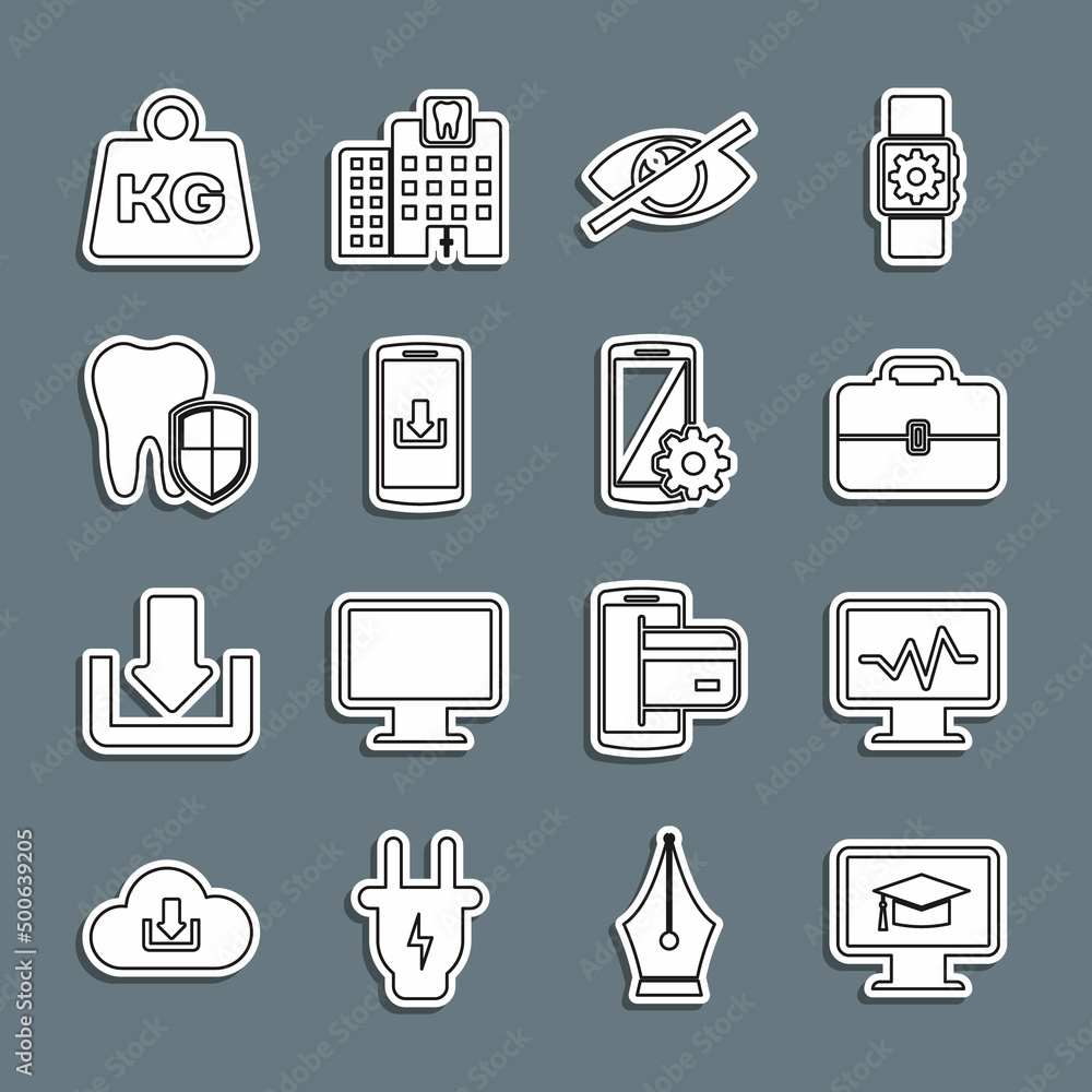 Set line Monitor with graduation cap, cardiogram, Toolbox, Invisible hide, Smartphone download, Dental protection, Weight and Setting smartphone icon. Vector Set line Monitor with graduation cap, cardiogram, Toolbox, Invisible hide, Smartphone download, Dental protection, Weight and Setting smartphone icon. Vector