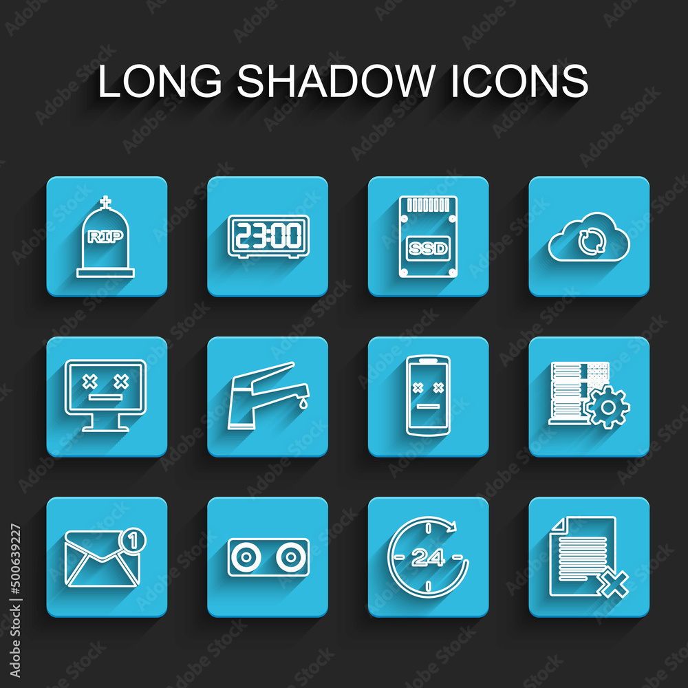 Set line New, email incoming message, Stereo speaker, Tombstone with RIP written, Clock 24 hours, Delete file document, Water tap, Server setting and Dead mobile icon. Vector Set line New, email incoming message, Stereo speaker, Tombstone with RIP written, Clock 24 hours, Delete file document, Water tap, Server setting and Dead mobile icon. Vector