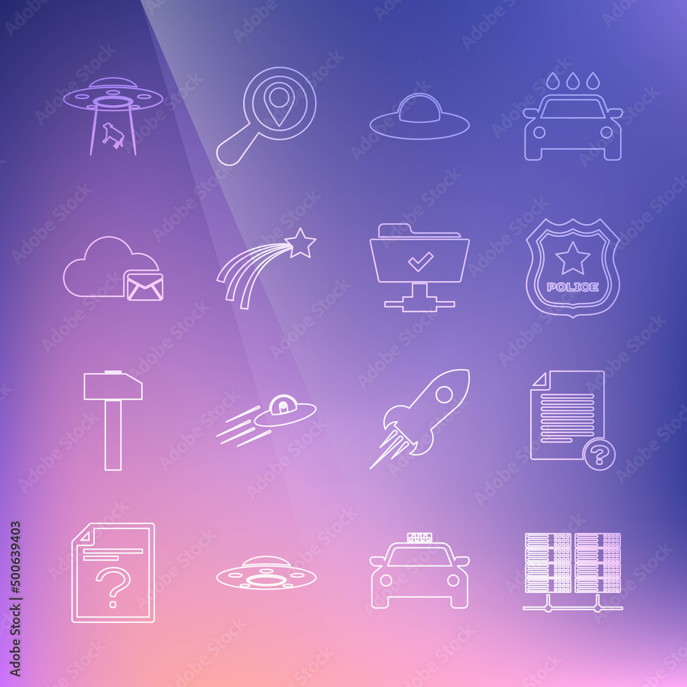 Set line Server, Data, Web Hosting, Unknown document, Police badge, UFO flying spaceship, Falling star, Cloud mail server, abducts cow and FTP operation successful icon. Vector