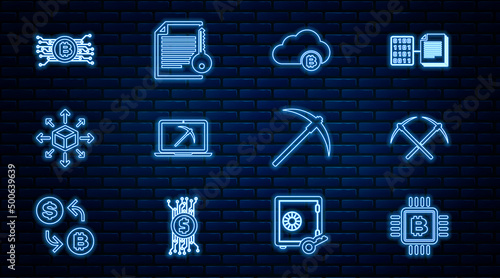 Set line CPU mining farm, Crossed pickaxe, Cryptocurrency cloud, Mining with laptop and, Distribution, bitcoin circuit, Pickaxe and Smart contract icon. Vector