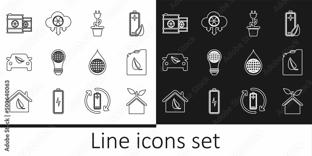 Set line Eco friendly house, Light bulb with world globe, car drive leaf, Radioactive waste barrel, Earth planet water drop and Acid rain and radioactive cloud icon. Vector