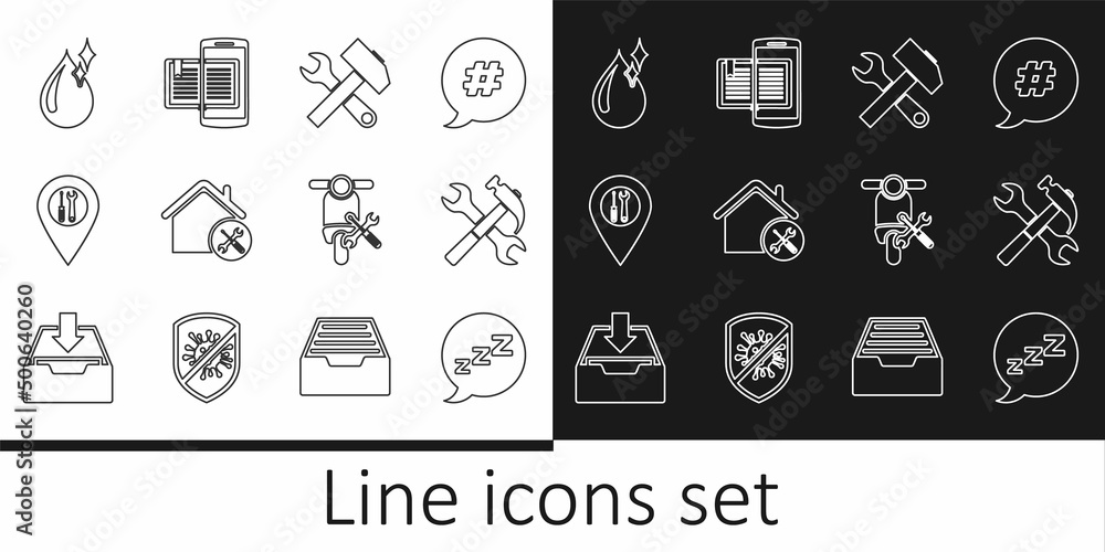 Set line Speech bubble with snoring, Crossed hammer and wrench, House service, Location, Clean water drop, Scooter and Smartphone book icon. Vector
