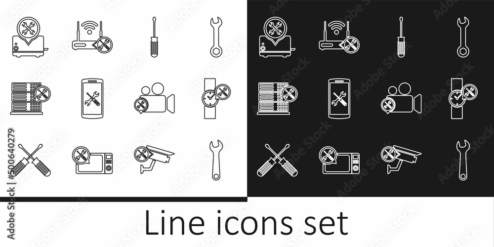 Set line Wrench, Wrist watch service, Screwdriver, Smartphone, Database server, Toaster, Video camera and Router wi-fi with icon. Vector