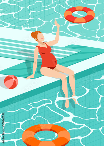 White pregnant woman having fun by the pool waving her hand
