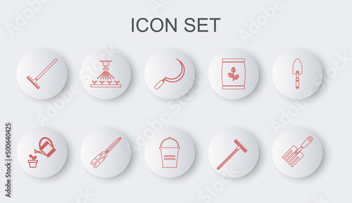 Set line Garden fork, Watering can, Sickle, rake, Automatic irrigation sprinklers, Gardening handmade scissor and Bucket icon. Vector
