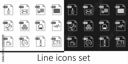 Set line JPG file document, MP3, PDF, 3DS, MSG, EPS, and EML icon. Vector