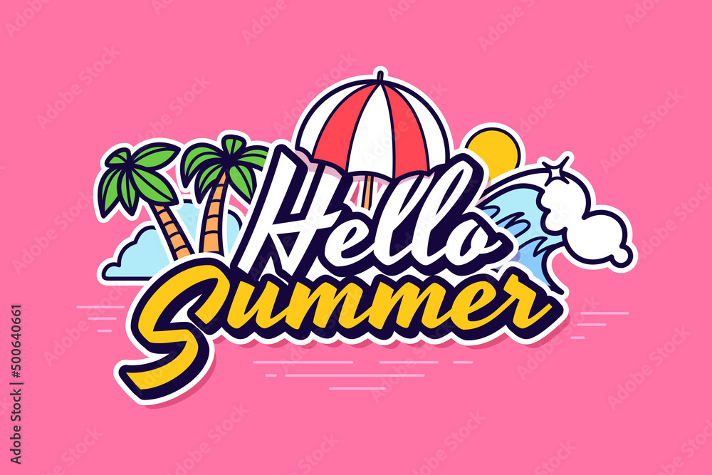 Hello Summer banner design with lettering on background of beach umbrella, palm trees and sea waves. Summer time vacation. Ideal for season sale, travel promo, party invitation. Vector illustration.
