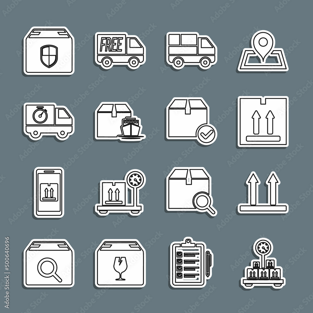 Set line Scale with cardboard box, This side up, Cardboard traffic, Delivery truck boxes, Cargo ship, and stopwatch, security shield and Package check mark icon. Vector Set line Scale with cardboard box, This side up, Cardboard traffic, Delivery truck boxes, Cargo ship, and stopwatch, security shield and Package check mark icon. Vector