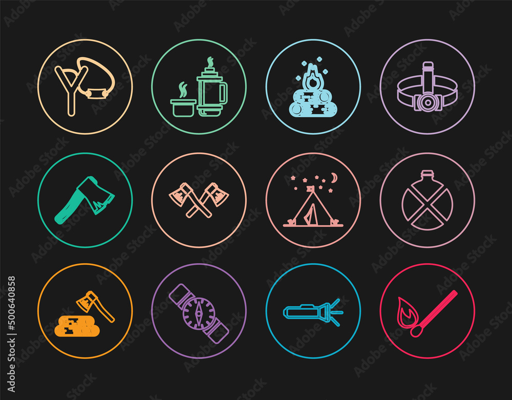 Set line Burning match with fire, Canteen water bottle, Campfire, Crossed wooden axe, Old, Slingshot, Tourist tent flag and Thermos container icon. Vector