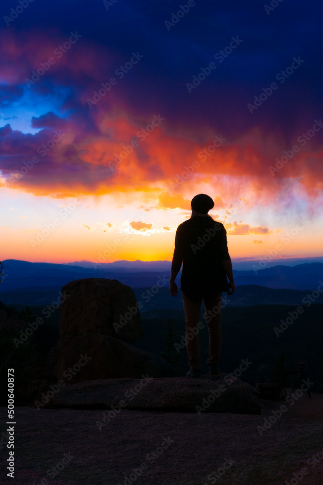 Man Standing On Mountain Top Explore Travel Concept At Sunrise