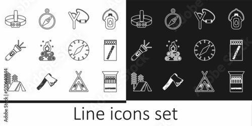 Set line Open matchbox and matches, Slingshot, Campfire, Flashlight, Head flashlight, Compass and icon. Vector