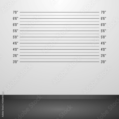 Vector illustration room with police mugshot background. Police lineup background with inch scale. Police mugshot board template.