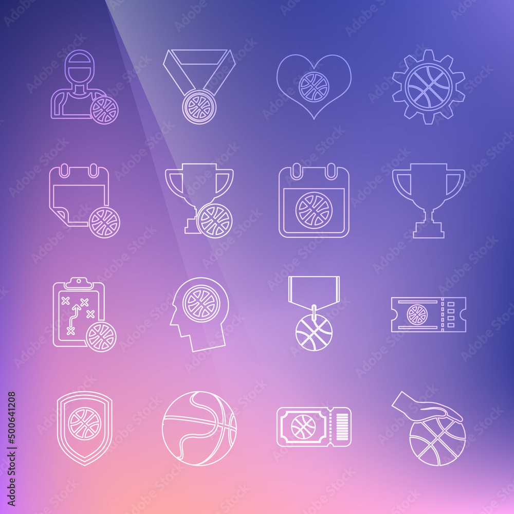 Set line Hand with basketball ball, Basketball game ticket, Award cup, Heart, on sport calendar, player and icon. Vector Set line Hand with basketball ball, Basketball game ticket, Award cup, Heart, on sport calendar, player and icon. Vector