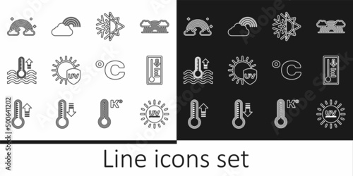 Set line UV protection, Meteorology thermometer, Sun and snowflake, Water, Rainbow with clouds, Celsius and icon. Vector