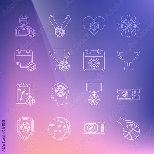 Set line Hand with basketball ball  Basketball game ticket  Award cup  Heart  on sport calendar  player and icon. Vector