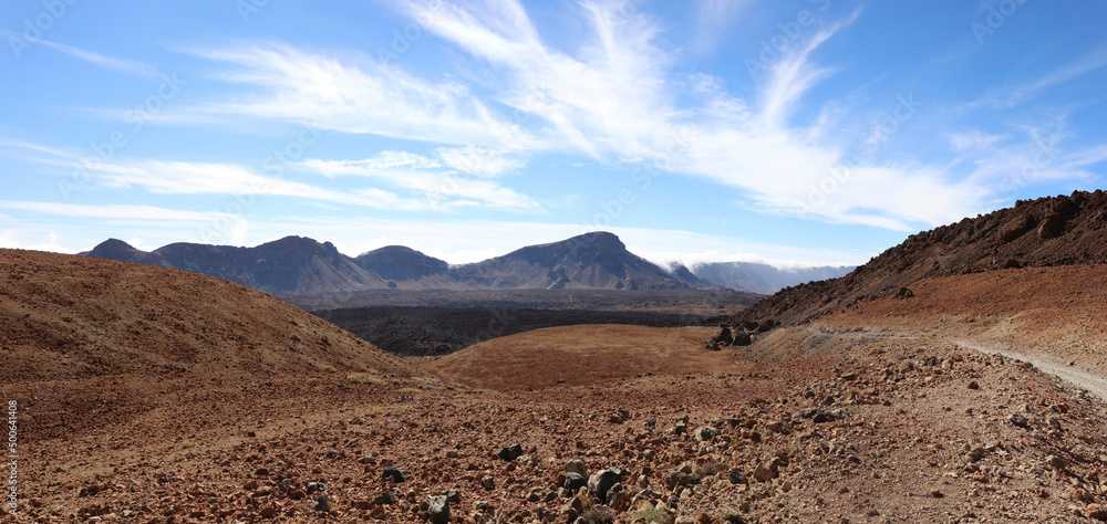 Panoramic view of the hiking trail through the barren landscape in El Teide National Park