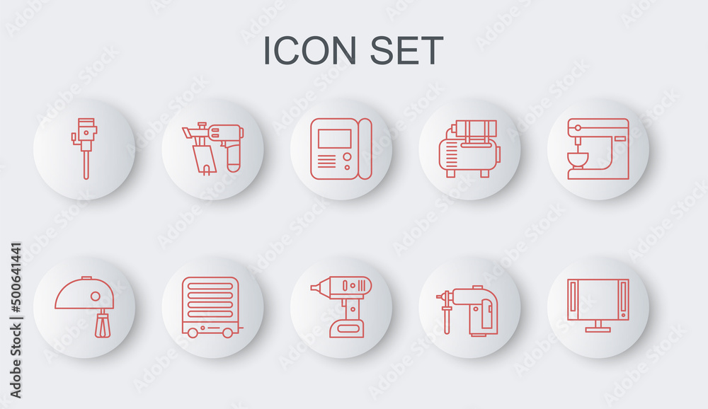 Set line Smart Tv, Electric mixer, House intercom system, Rotary hammer drill machine, Construction jackhammer, Nail gun, heater and cordless screwdriver icon. Vector Set line Smart Tv, Electric mixer, House intercom system, Rotary hammer drill machine, Construction jackhammer, Nail gun, heater and cordless screwdriver icon. Vector