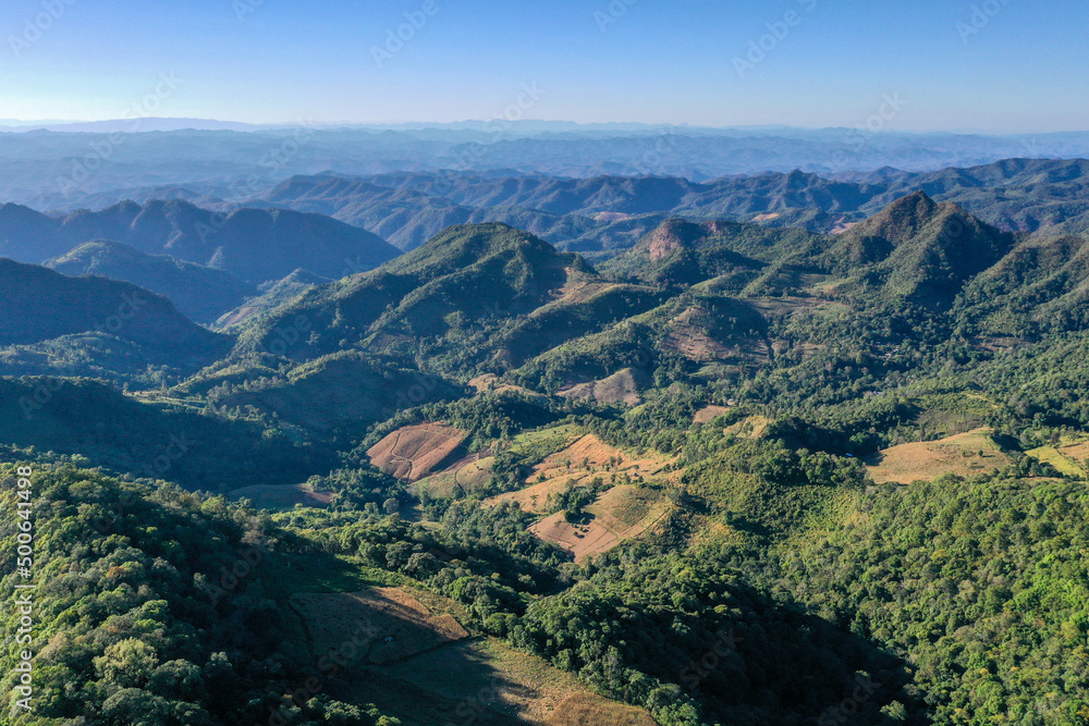 Aerial view of Thung Bua Tong Fields in Mae Hong Son, Thailand Aerial view of Thung Bua Tong Fields in Mae Hong Son, Thailand
