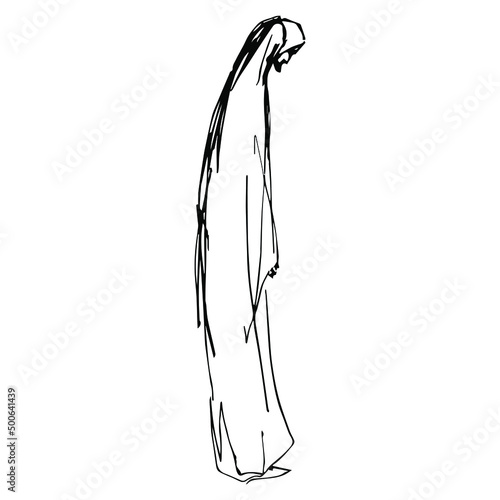 Standing bearded man in long robe. Biblical figure. Apostle or disciple. Hand drawn linear rough sketch. Black silhouette on white background.