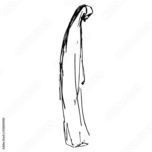 Standing bearded man in long robe. Biblical figure. Apostle or disciple. Hand drawn linear rough sketch. Black silhouette on white background.