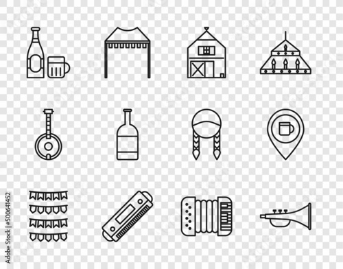 Set line Carnival garland with flags, Musical instrument trumpet, Farm House, Harmonica, Beer bottle glass, Accordion and Alcohol beer bar location icon. Vector