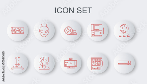 Set line Video game console, Joystick for arcade machine, Coin, Slot, graphic card, Alien, Virtual reality glasses and Live streaming online icon. Vector