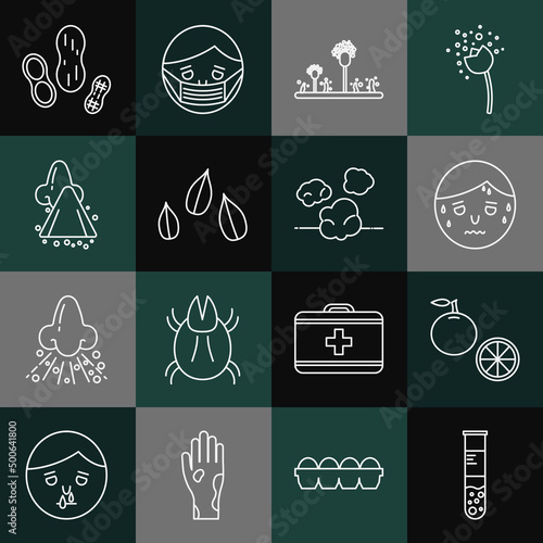 Set line Test tube and flask, Orange fruit, Man with excessive sweating, Mold, Sesame seeds, Runny nose, Peanut and Dust icon. Vector