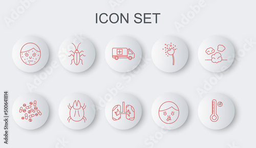 Set line Medical digital thermometer, Medicine pill or tablet, Emergency car, Runny nose, Face with psoriasis eczema, Cockroach, Parasite mite and Lungs icon. Vector