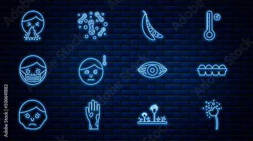 Set line Flower producing pollen, Kidney beans, High human body temperature, Face protective mask, Handkerchief to his runny nose, Reddish eye allergic conjunctivitis and Bacteria icon. Vector