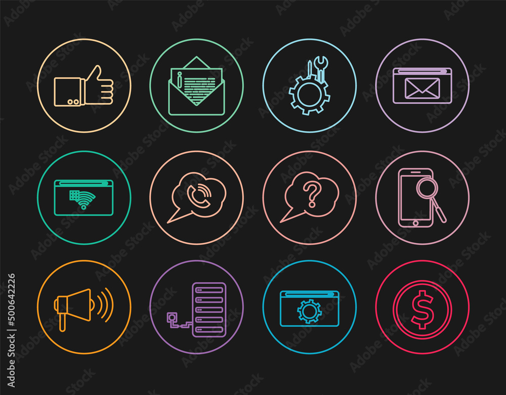 Set line Coin money with dollar, Mobile phone diagnostics, Wrench and screwdriver gear, Speech bubble call, No Internet connection, Hand thumb up, Question and Envelope icon. Vector Set line Coin money with dollar, Mobile phone diagnostics, Wrench and screwdriver gear, Speech bubble call, No Internet connection, Hand thumb up, Question and Envelope icon. Vector