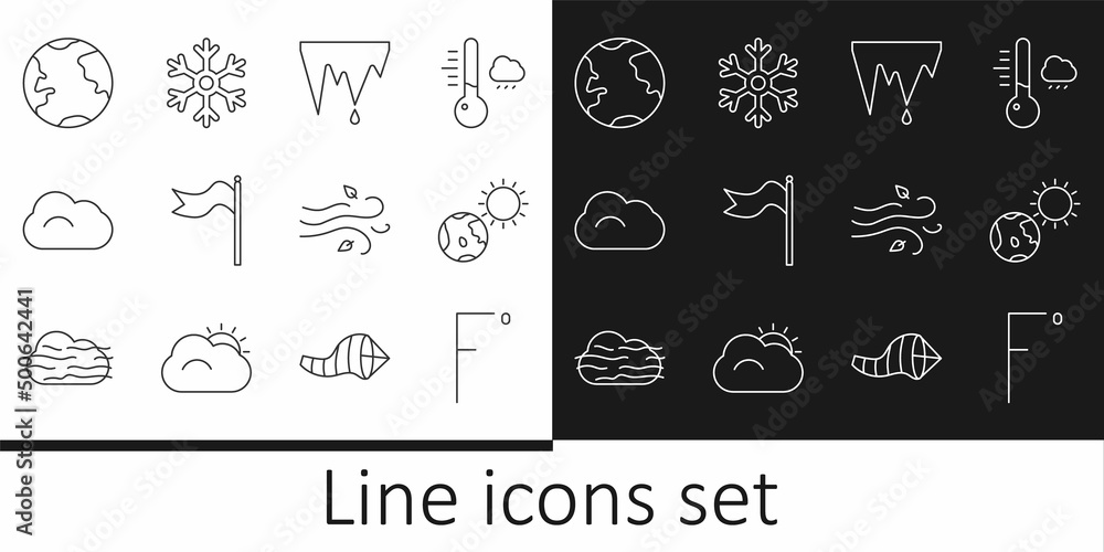 Set line Fahrenheit, Earth globe and sun, Icicle, Meteorology windsock wind vane, Cloud, Wind and Snowflake icon. Vector