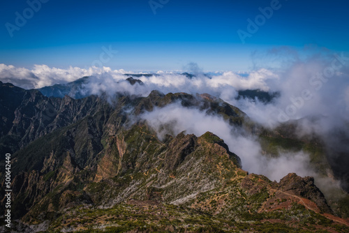 View from Pico Ruivo peak towards the refuge and Achada do Teixeira area on Madeira island of Portugal. October 2021